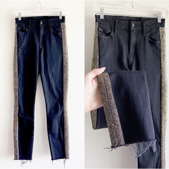 Mother High Waisted Looker Ankle Fray Guilty Flash Jean Beaded Stripe Black 25 - Picture 2 of 5